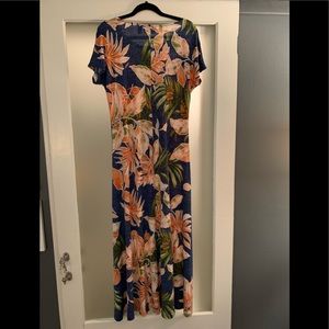 Tropical denim print maxi dress